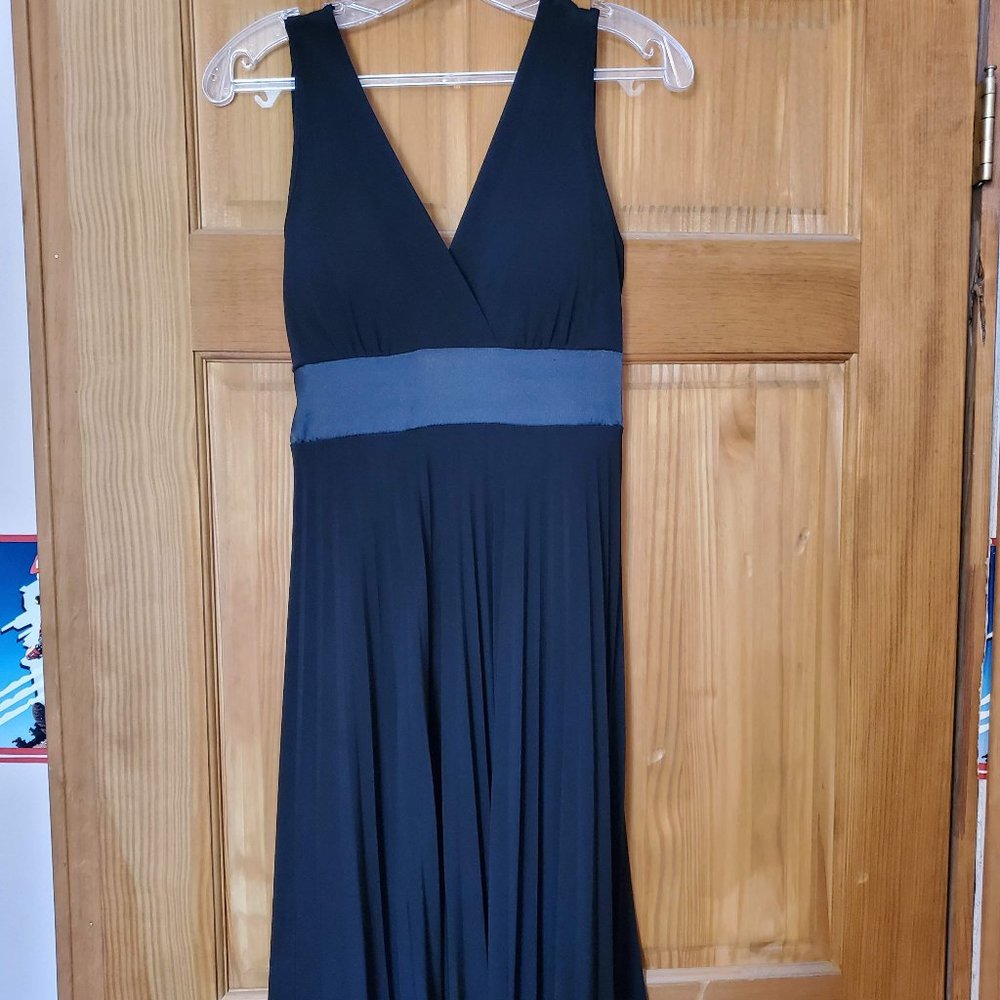 V-Neck, Pleated Evening Dress with Satin Tie Belt